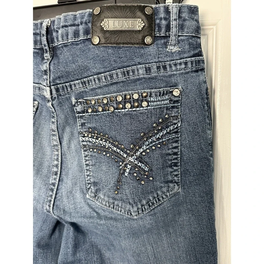 Tru Luxe Jeans Womens Denim Mid‎ Rise Stretch Embellished Pocket Blue Size 27/4